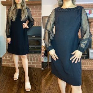 Vintage 60s Sheer Puff Sleeve Braided Open Boat Neck Shift LBD Above Kne…